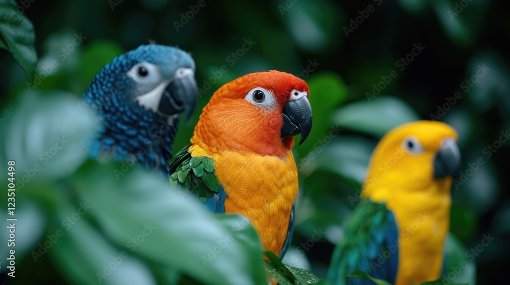 Fototapeta premium Colorful macaws and conures perching amidst dense green foliage in a tropical rainforest during daylight.