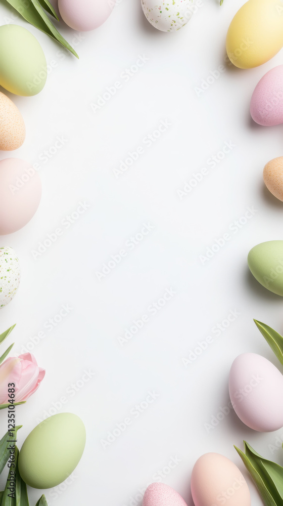 Obraz premium Elegant easter vertical frame with colorful eggs and tulips for festive design