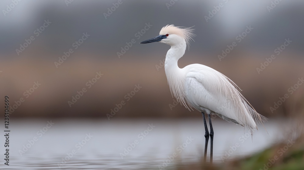 Snowy egret wading in wetland, blurred background Snowy egret wading in wetland, blurred background