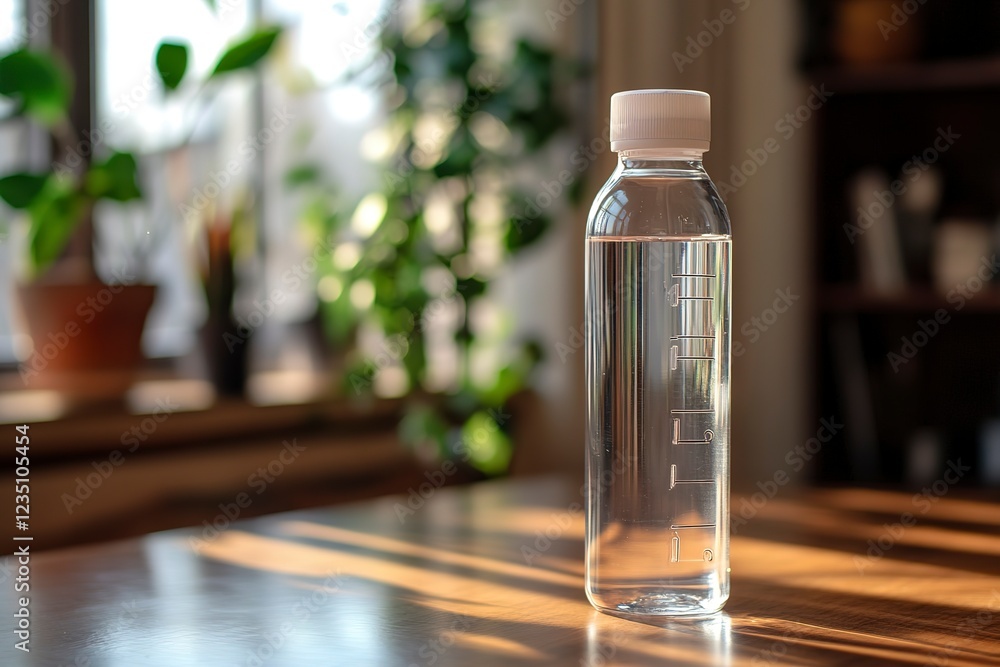 Hydration reminder with a transparent water bottle featuring daily time markers on a wooden table Hydration reminder with a transparent water bottle featuring daily time markers on a wooden table