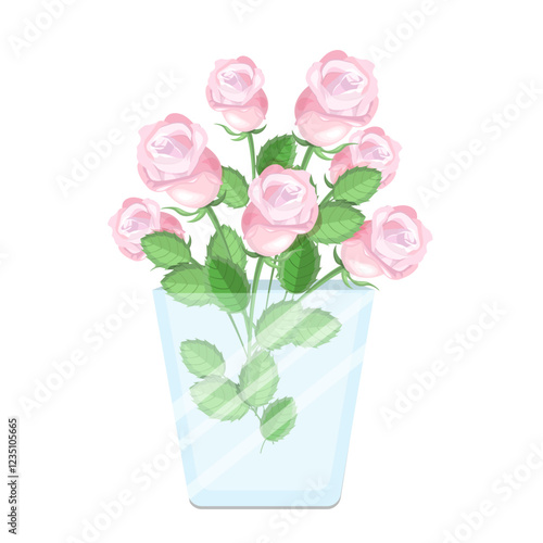 A bouquet of pink roses in a transparent vase isolated on a white background.Vector illustration for holiday designs, postcards.