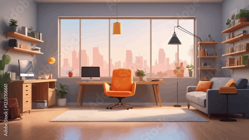 Modern interior in bright colors with workplace, computer, lamp, comfortable sofa, chair, bookshelf, book stock vector illustration. Stylish room for your design