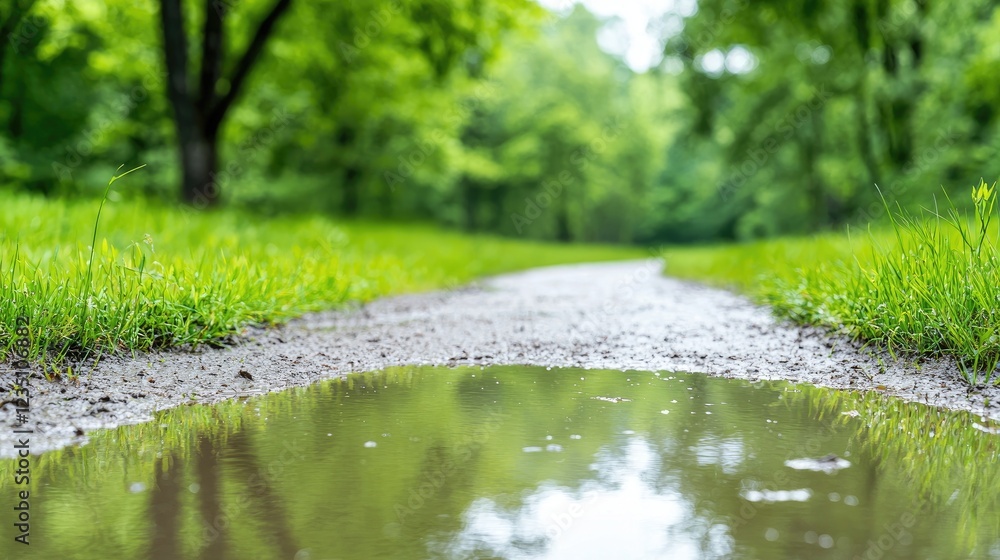 Fototapeta premium Water puddle on a gravel path in a lush green park reflects the surrounding trees after a rain shower.