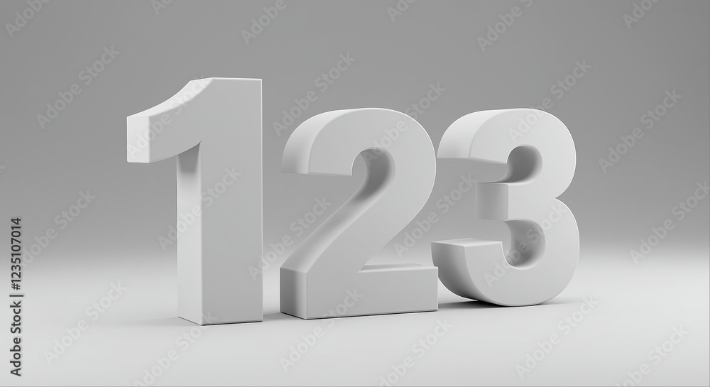 Three-dimensional numbers 1 2 3 in 3D graphic design. 3D numbers in white color on gray background. Rendered 3D numbers Three-dimensional numbers 1 2 3 in 3D graphic design. 3D numbers in white color on gray background. Rendered 3D numbers