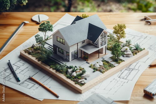 Close-up of a detailed architectural model of a modern house surrounded by plants and rocks, placed on blueprints with tools like pencils and rulers, symbolizing design and construction planning