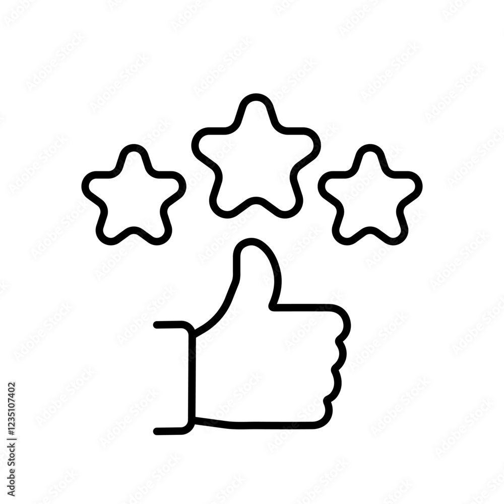This is a minimalist icon that prominently features a thumbs up alongside three stars, which effectively symbolizes positive ratings and reflects customer feedback in a visually appealing manner This is a minimalist icon that prominently features a thumbs up alongside three stars, which effectively symbolizes positive ratings and reflects customer feedback in a visually appealing manner