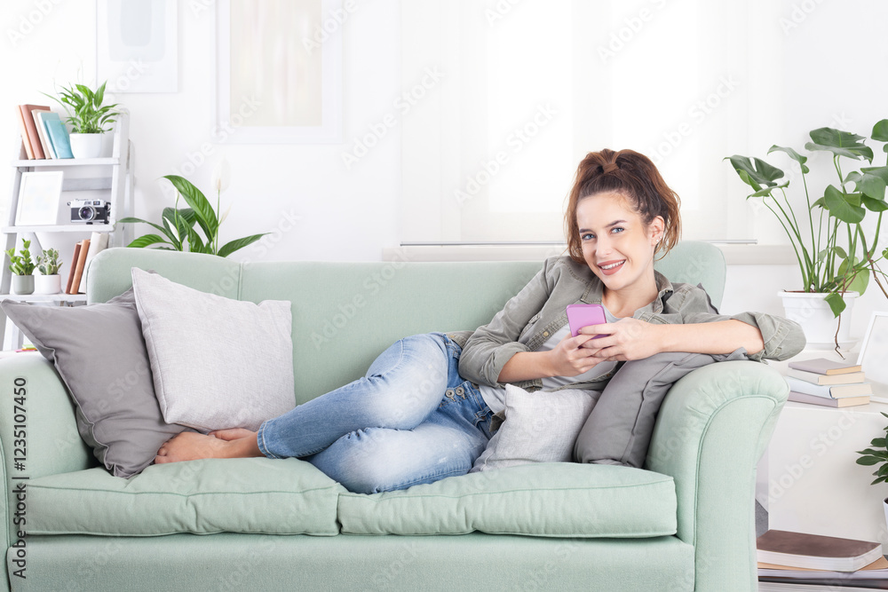 Young relaxed smiling woman lying on a cozy couch in a casual outfit, holding a smartphone and browsing messages, social media, and digital content Young relaxed smiling woman lying on a cozy couch in a casual outfit, holding a smartphone and browsing messages, social media, and digital content