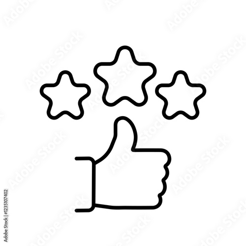 This is a minimalist icon that prominently features a thumbs up alongside three stars, which effectively symbolizes positive ratings and reflects customer feedback in a visually appealing manner