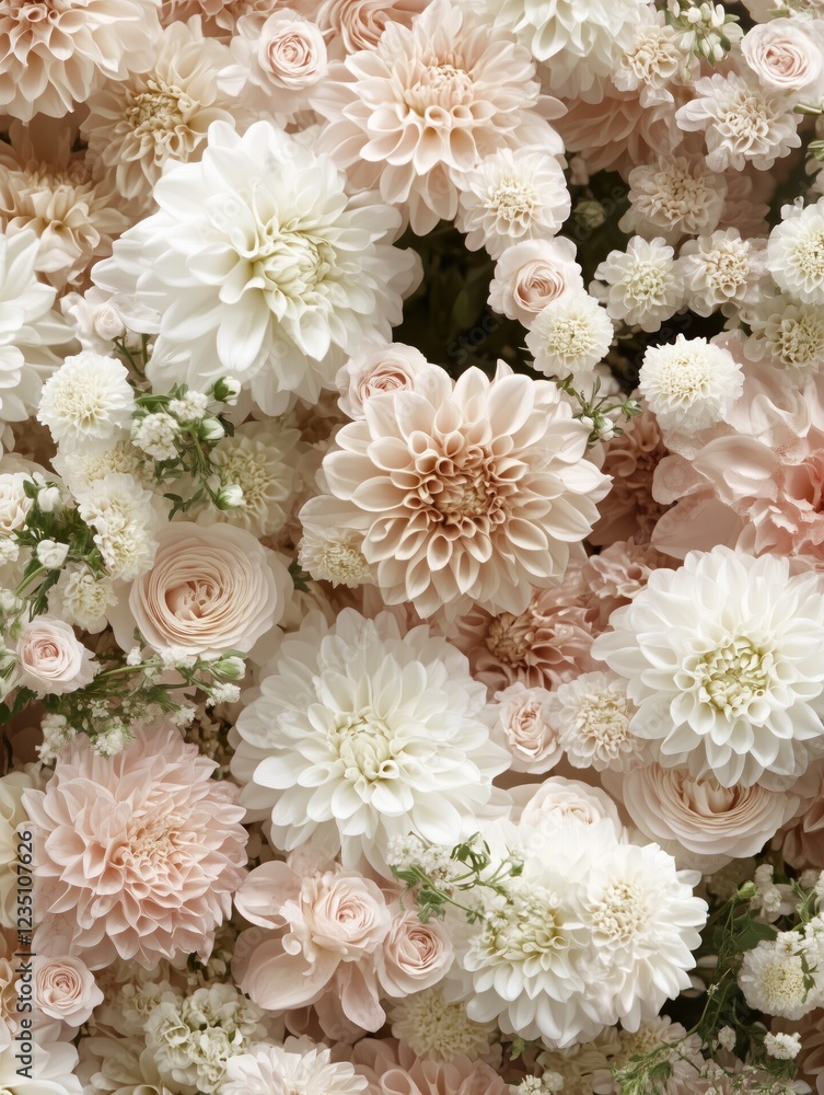 A bouquet of white flowers with a mix of dahlias and roses A bouquet of white flowers with a mix of dahlias and roses