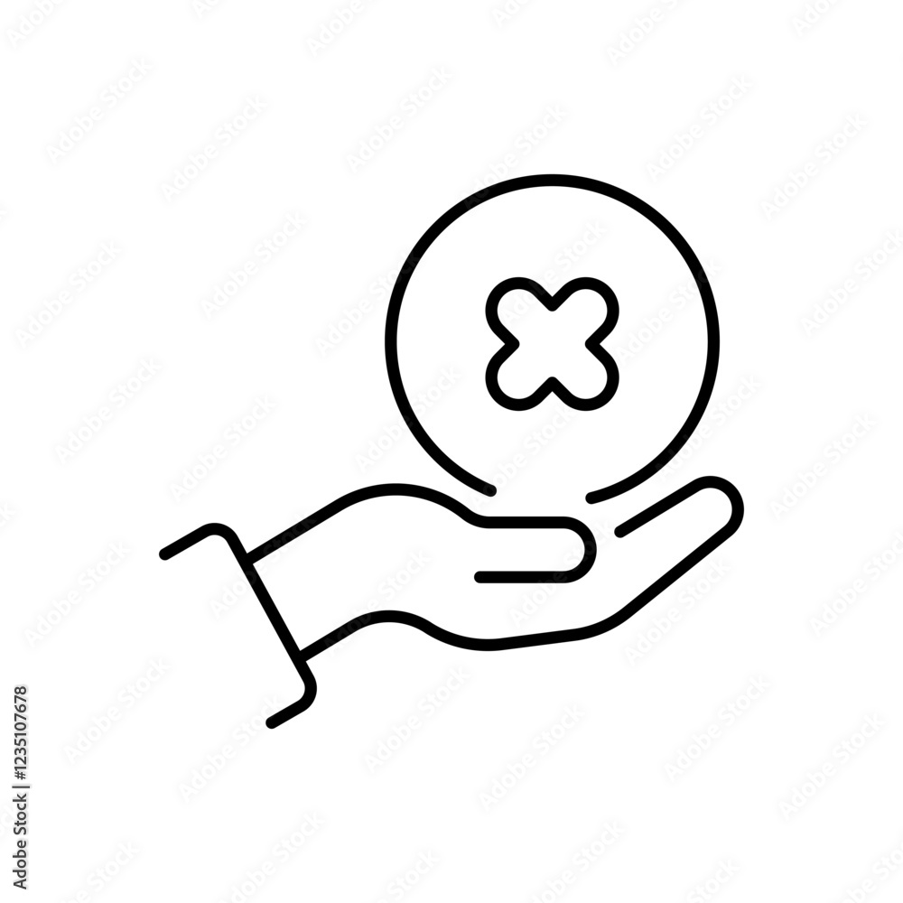 The design features a straightforward and minimalist hand icon that is holding a circular symbol adorned with a cross, clearly representing concepts like opinion, feedback, or various choices The design features a straightforward and minimalist hand icon that is holding a circular symbol adorned with a cross, clearly representing concepts like opinion, feedback, or various choices