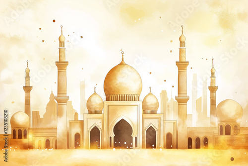 Obraz na płótnie postcard with Muslim mosque, Muslim building and moon for Ramadan. Ramadan kareem, Ramadan Mubarak, Happy Ramadan, generative AI w salonie