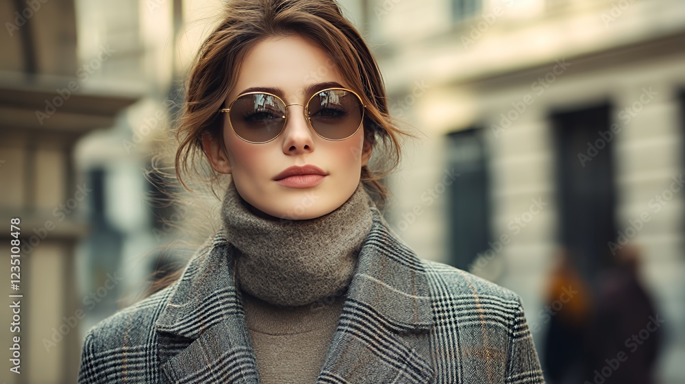 Stylish Woman in a Warm Turtleneck and Plaid Coat Walking on a City Street During Autumn Stylish Woman in a Warm Turtleneck and Plaid Coat Walking on a City Street During Autumn