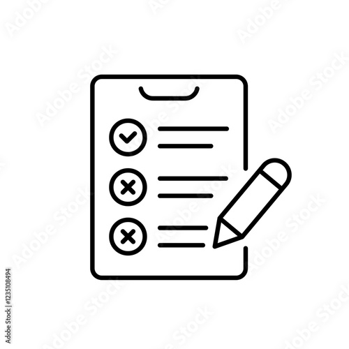 This is a minimalist line icon illustrating a survey form that features multiple checkboxes and a pencil, effectively representing the process of gathering feedback and conducting assessments