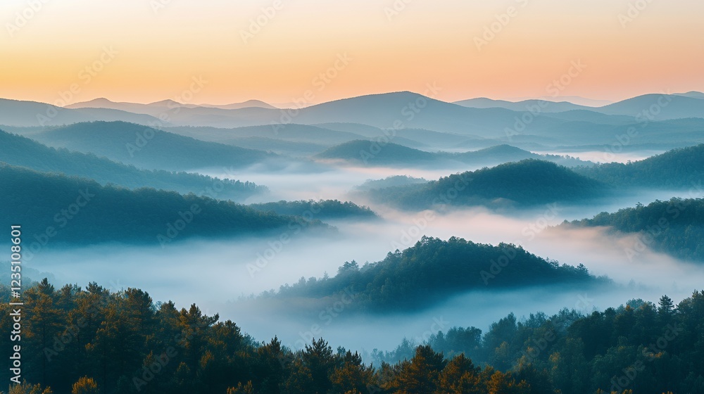 Fototapeta premium Serene Morning Mist Envelops Rolling Hills Under a Colorful Sunrise in a Tranquil Mountain Region