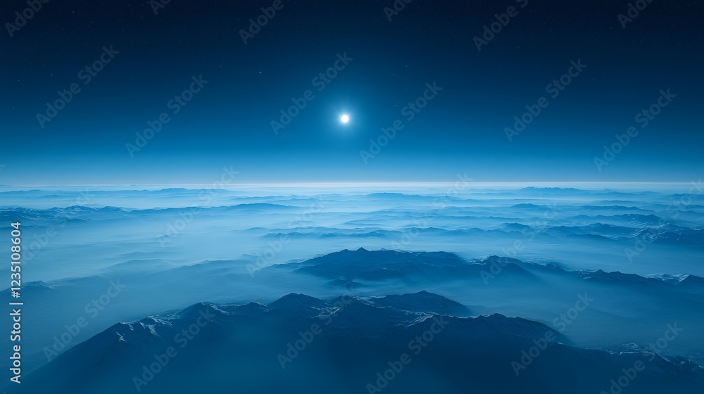 Naklejka premium Vast Mountain Range Illuminated by a Serene Moonlight Over a Layer of Mist at Night