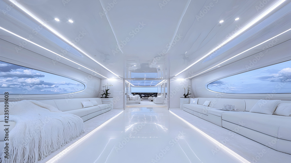 Obraz premium Luxurious white interior of a modern yacht salon with large windows overlooking the ocean during daytime.
