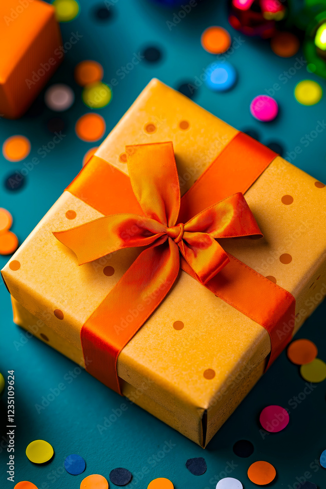 Obraz premium A yellow gift box with a red ribbon tied around it