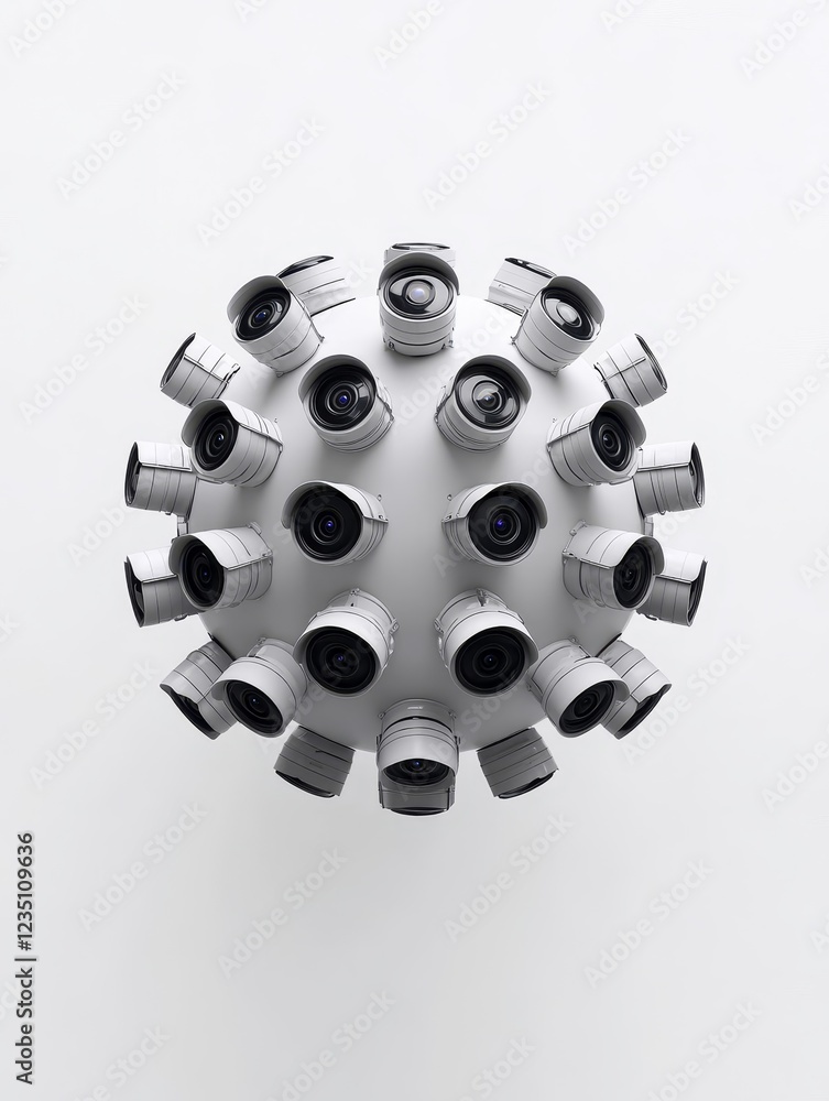 A highly detailed photorealistic image showcasing multiple camera lenses arranged in a spherical shape - A creative arrangement of multiple camera lenses symbolizing technology, photography