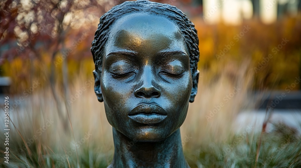 Beautiful Bronze Sculpture of a Serene Woman in a Garden Setting During Late Afternoon With Vibrant Fall Foliage in the Background Beautiful Bronze Sculpture of a Serene Woman in a Garden Setting During Late Afternoon With Vibrant Fall Foliage in the Background