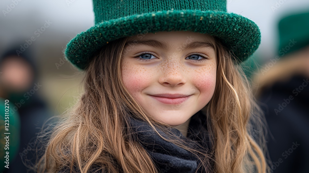 Cheerful Child in a Green Hat Smiling During a Festive Outdoor Event in Early Spring, Embodying the Spirit of Celebration and Joy Cheerful Child in a Green Hat Smiling During a Festive Outdoor Event in Early Spring, Embodying the Spirit of Celebration and Joy