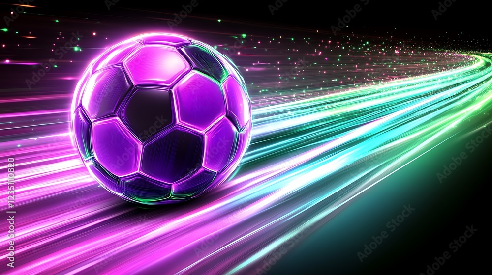 Naklejka premium Glowing Purple Soccer Ball In Motion Speed