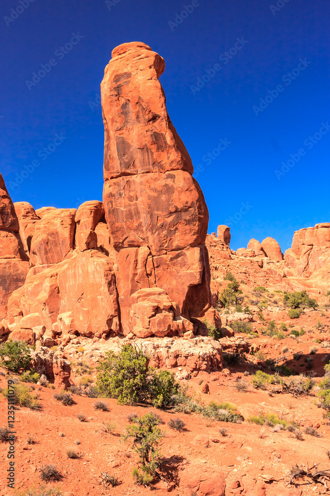 Fototapeta premium A large rock formation sits in the desert with a clear blue sky above