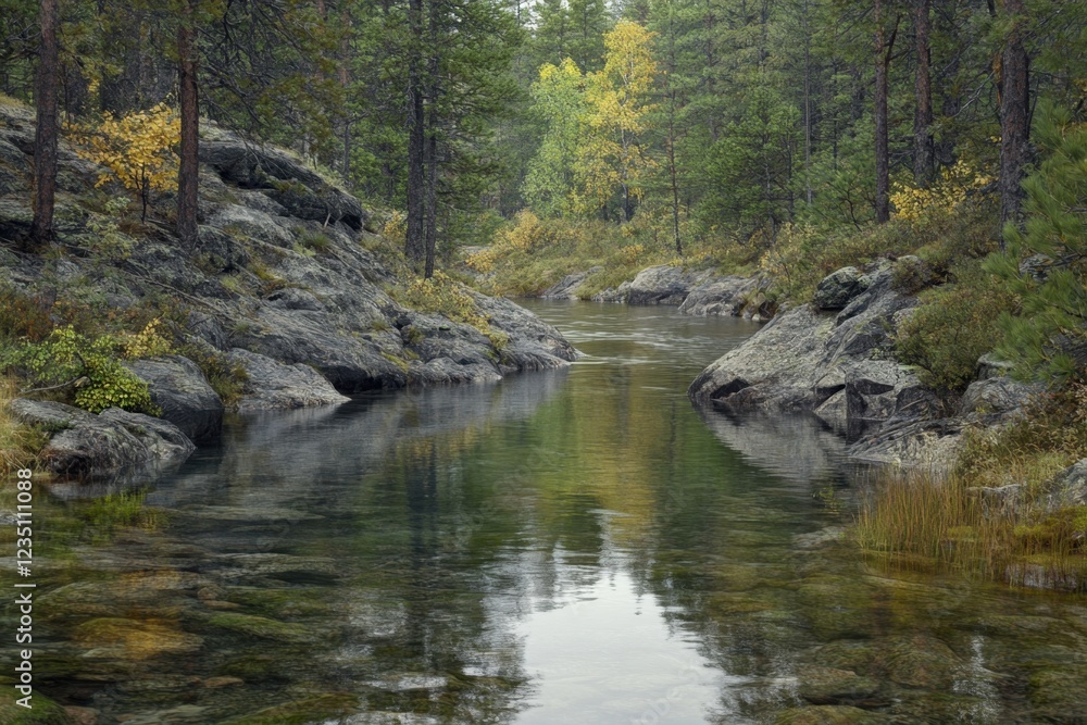 Obraz premium Tranquil river winding through lush forest in autumn near rocky formations