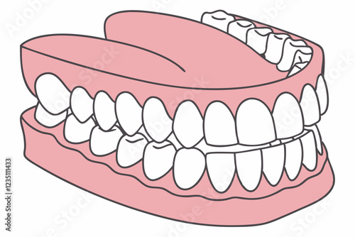 Dental model, realistic teeth, gums, 3D render, anatomical, orthodontics, dentures, oral health, medical illustration, close-up, detailed, symmetrical, pink gums, white enamel, glossy texture, educati