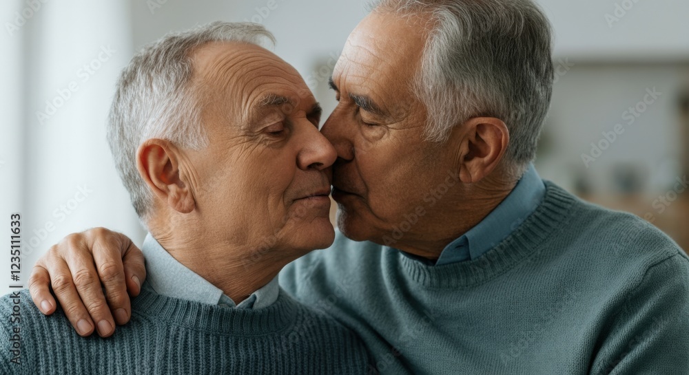 Tender moment between mature caucasian men in intimate embrace reflecting love and companionship Tender moment between mature caucasian men in intimate embrace reflecting love and companionship