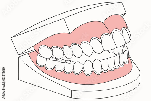 Dental model, realistic teeth, gums, 3D render, anatomical, orthodontics, dentures, oral health, medical illustration, close-up, detailed, symmetrical, pink gums, white enamel, glossy texture, educati