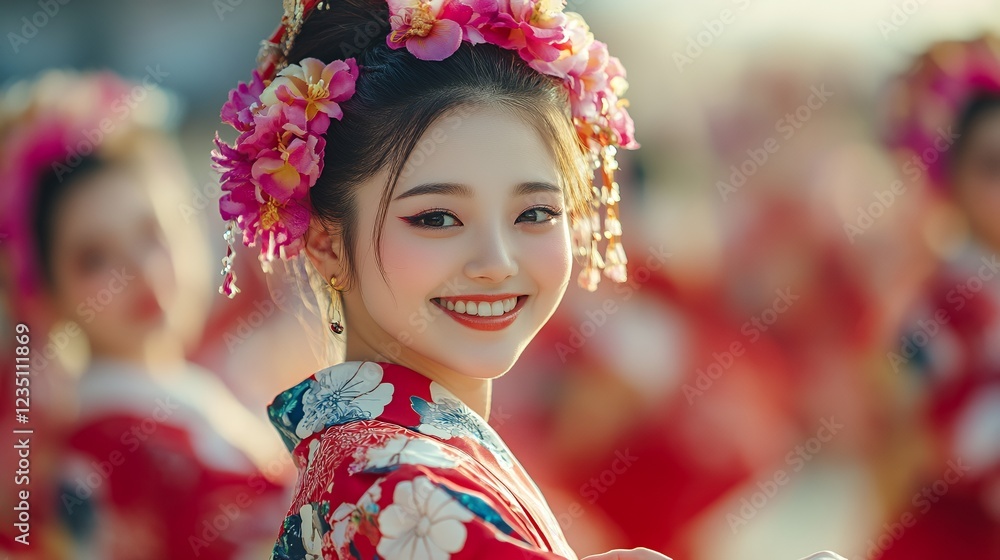 Young Woman in Traditional Attire Smiles Brightly During a Cultural Festival in a Vibrant Outdoor Setting Young Woman in Traditional Attire Smiles Brightly During a Cultural Festival in a Vibrant Outdoor Setting