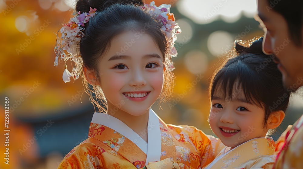 Sisters Celebrate Autumn in Traditional Clothing During a Family Outing in a Park Filled With Colorful Foliage Sisters Celebrate Autumn in Traditional Clothing During a Family Outing in a Park Filled With Colorful Foliage