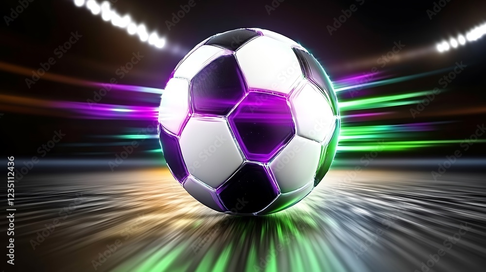 Naklejka premium Glowing Soccer Ball In Motion On Dark Field