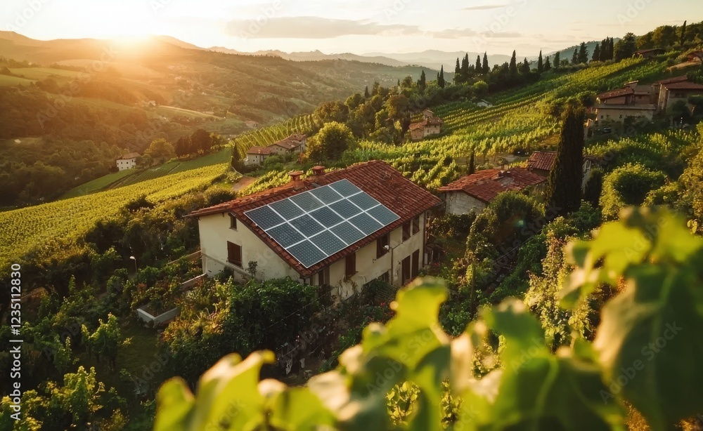 Solar panels stretching across the landscape on a sunny day, forming a power farm that produces clean energy Solar panels stretching across the landscape on a sunny day, forming a power farm that produces clean energy