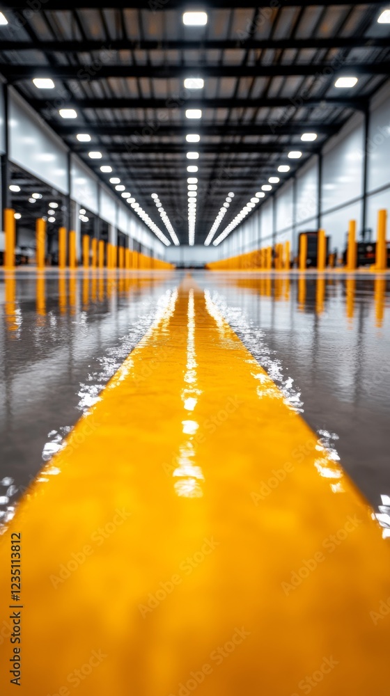 Fototapeta premium Bright yellow lines on a gleaming warehouse floor create a striking perspective. The reflective surface mirrors the industrial architecture above.