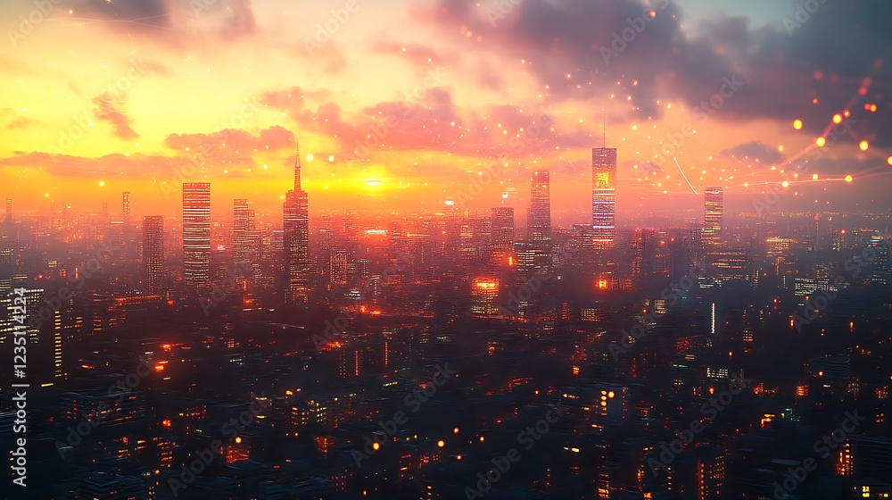 Fototapeta premium Sunset Cityscape Digital Art Futuristic Metropolis