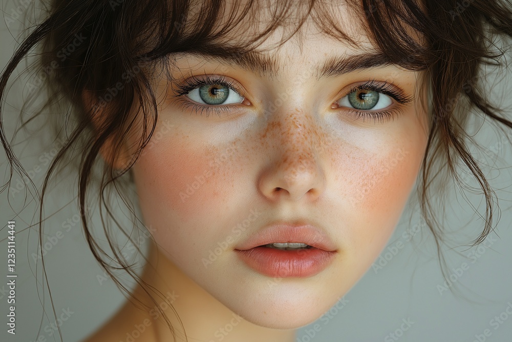 Young portrait of a cute woman with freckles, brunette, close-up, girl with natural makeup. Young portrait of a cute woman with freckles, brunette, close-up, girl with natural makeup.