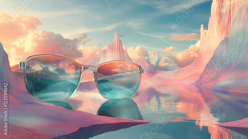 Metaphysical mirage: surreal glasses, illusory water forms, dreamlike landscapes, ethereal tones. illusory. illustration. Ethereal Landscape. Illustration