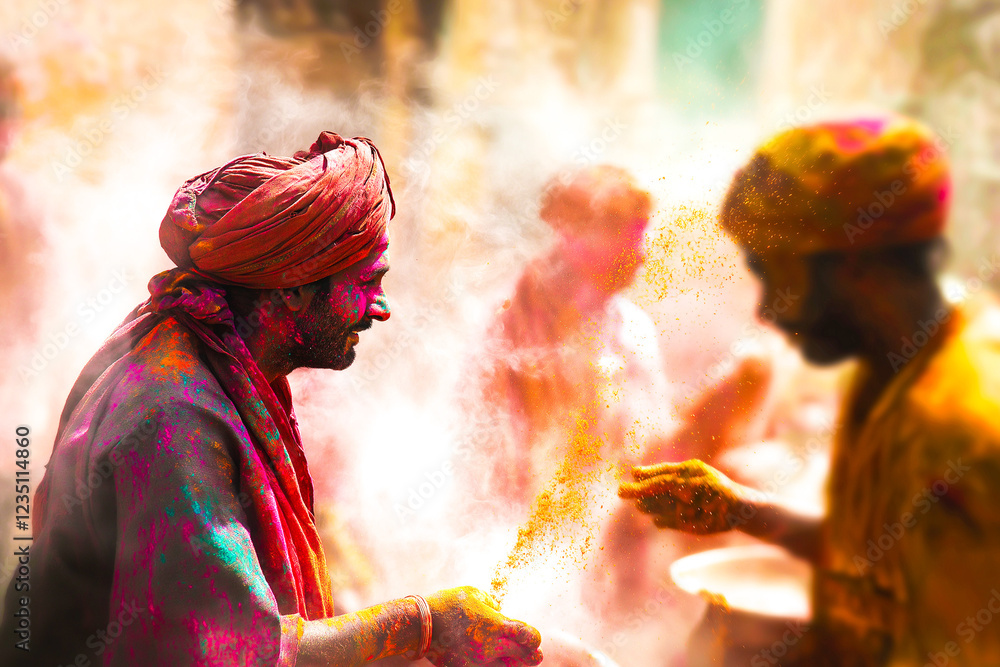 Fototapeta premium Hindus celebrate Holi by throwing colorful gulaal at each other, generative AI