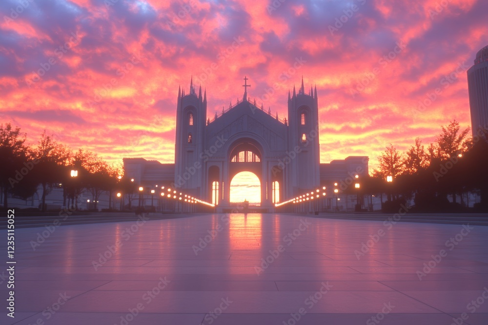 Obraz premium Majestic cathedral silhouetted against a vibrant sunrise. The warm hues paint the sky in breathtaking colors.