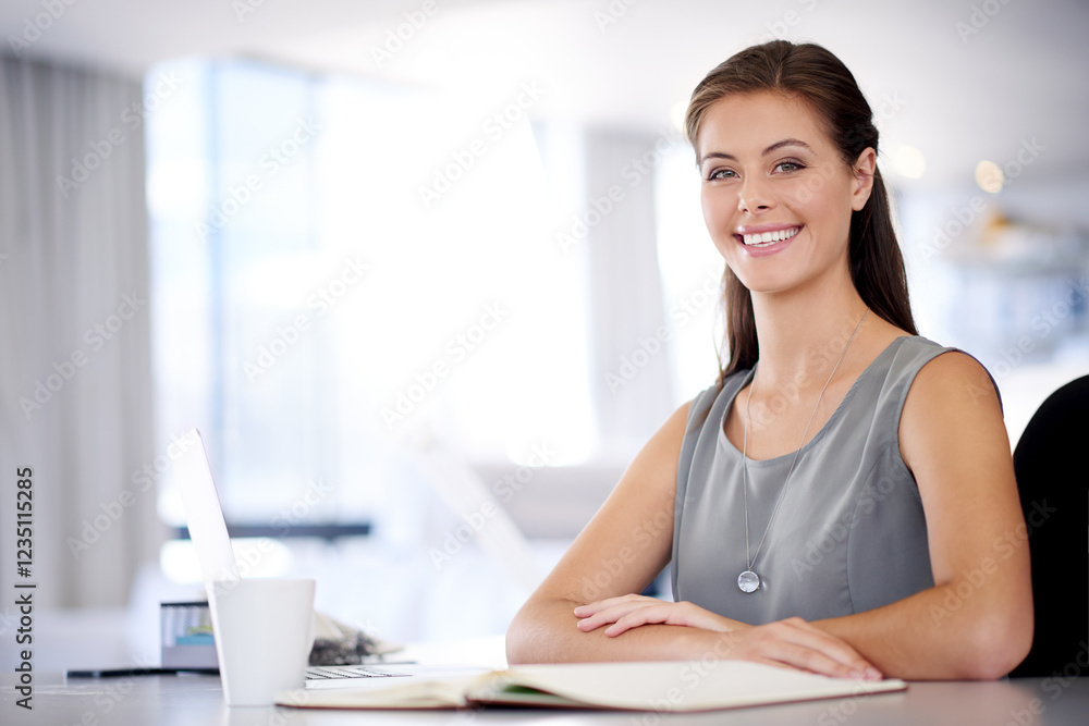 Book, portrait and smile of business woman at desk in office for accounting, investment or savings. Agenda, calendar and schedule with happy bank employee in workplace for financial management Book, portrait and smile of business woman at desk in office for accounting, investment or savings. Agenda, calendar and schedule with happy bank employee in workplace for financial management