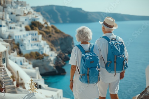 Fototapeta Naklejka Na Ścianę i Meble -  Tourists look down on the sea, a woman and a man in white summer clothes admire the view of the white city of Saetorini. Pensioners on vacation
