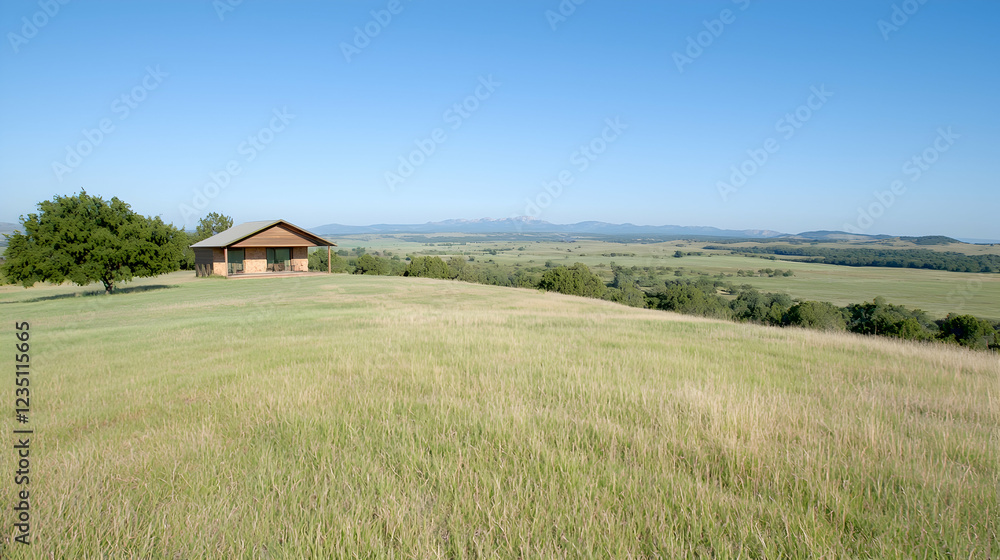 Rural house, grassy hilltop, distant mountains, clear sky, tranquil landscape, perfect for travel brochure Rural house, grassy hilltop, distant mountains, clear sky, tranquil landscape, perfect for travel brochure