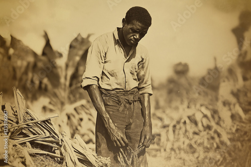 old photo of poor starving black slave from african colonial times hard working on american plantation, generative AI