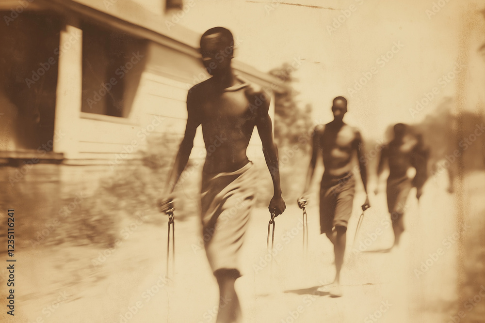 an old photo of poor, starving black slaves from colonial Africa being led in chains to hard labor on an American plantation, generative AI