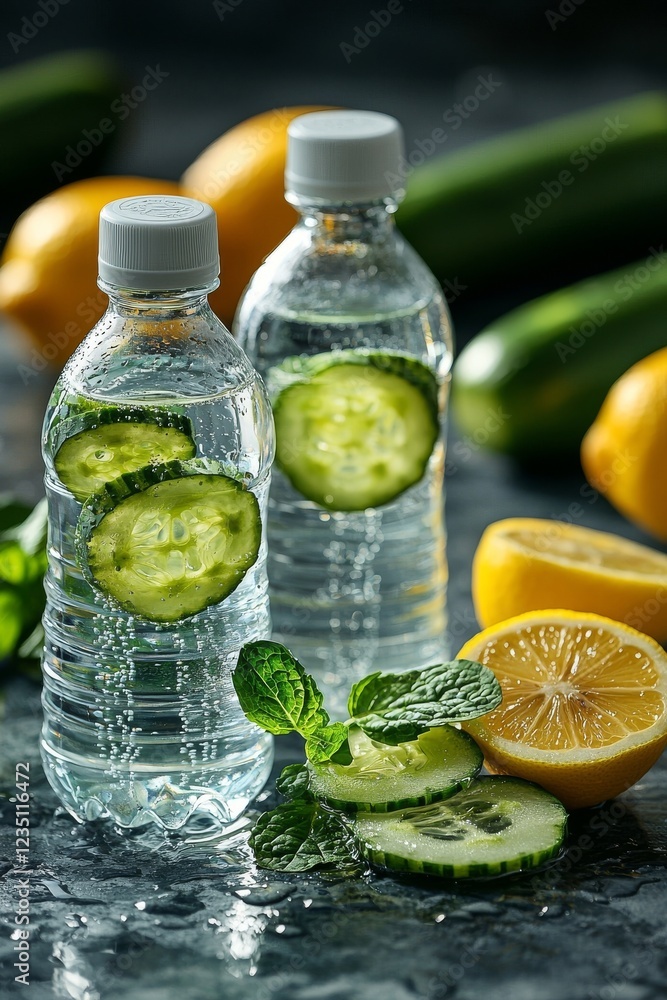 Lemon, cucumber, and mint water in glass bottles, designed as sassy water for detox or dieting, set against fitness dumbbells. Emphasizing healthy eating, weight loss, and lifestyle Lemon, cucumber, and mint water in glass bottles, designed as sassy water for detox or dieting, set against fitness dumbbells. Emphasizing healthy eating, weight loss, and lifestyle