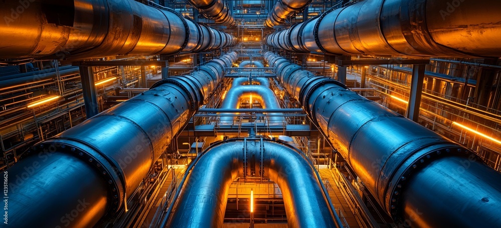 Industrial zone with steel pipelines, valves, and ladders Industrial zone with steel pipelines, valves, and ladders
