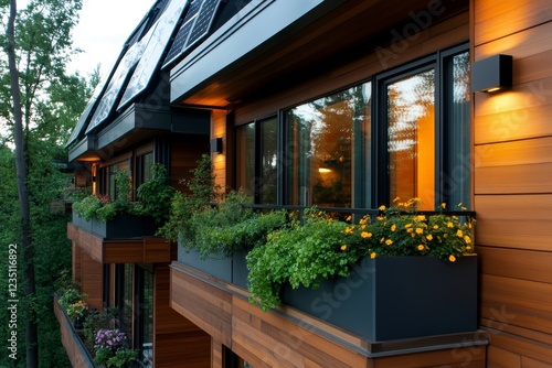 Wallpaper Mural Modern apartment building with balconies and lush greenery. Warm lighting enhances the contemporary design. Torontodigital.ca