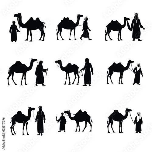 Arabic man with camel vector silhouette.Person riding a camel silhouette vector art black color design and solid white background.
arab man and camel ready to edit silhouettes for various graphic de