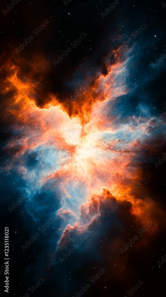 Fiery Nebula in Deep Space. Cosmic clouds of orange and blue collide in a breathtaking display of celestial energy. Fiery Nebula in Deep Space. Cosmic clouds of orange and blue collide in a breathtaking display of celestial energy.